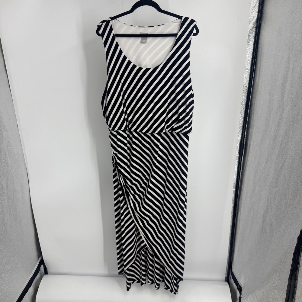 Chico's Black White Striped Faux Wrap Maxi Dress 4 20/22 Sleeveless 2X High Low